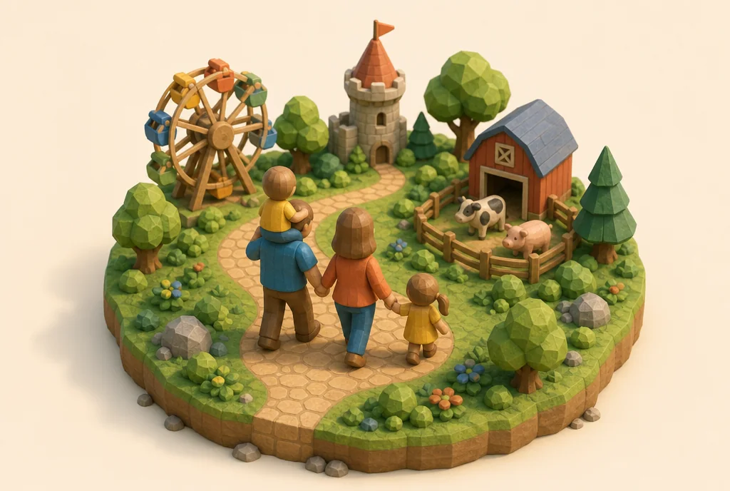 A little illustrated family walking through a miniature world of days out